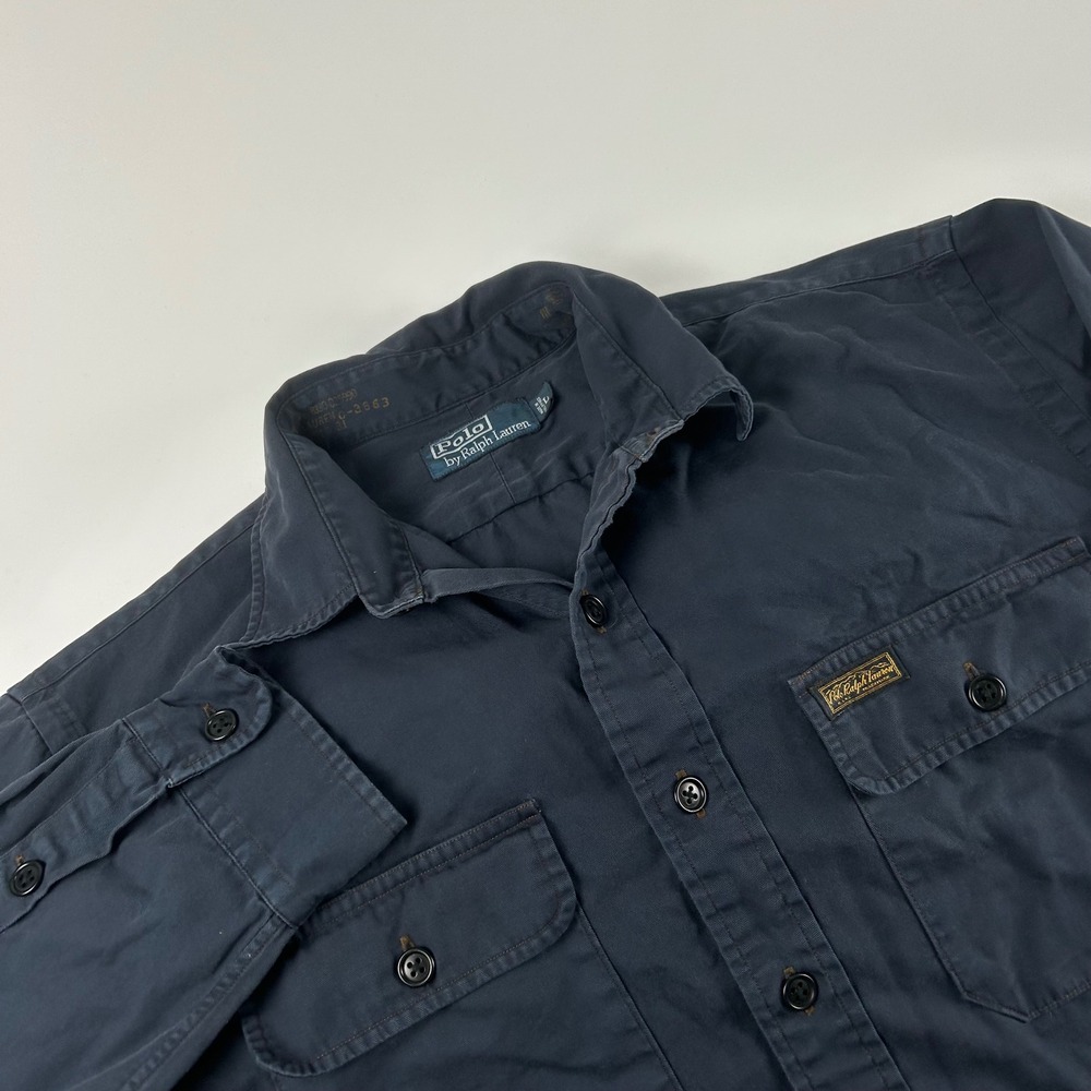 Polo Ralph Lauren Mens L Navy Blue Twill Long Sleeve Utility Work Shirt